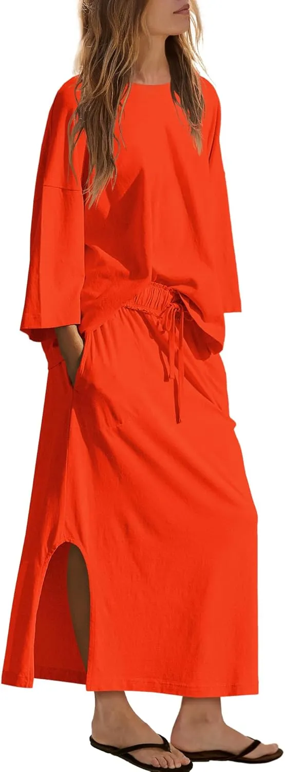LAMISSCHE Skirt Sets Women 2 Piece Outfits Casual Lounge Set Back Vented Tops and Maxi Dress with Pockets