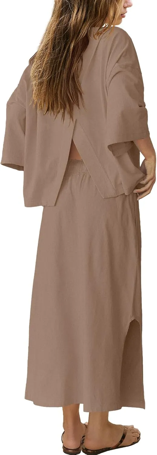 LAMISSCHE Skirt Sets Women 2 Piece Outfits Casual Lounge Set Back Vented Tops and Maxi Dress with Pockets