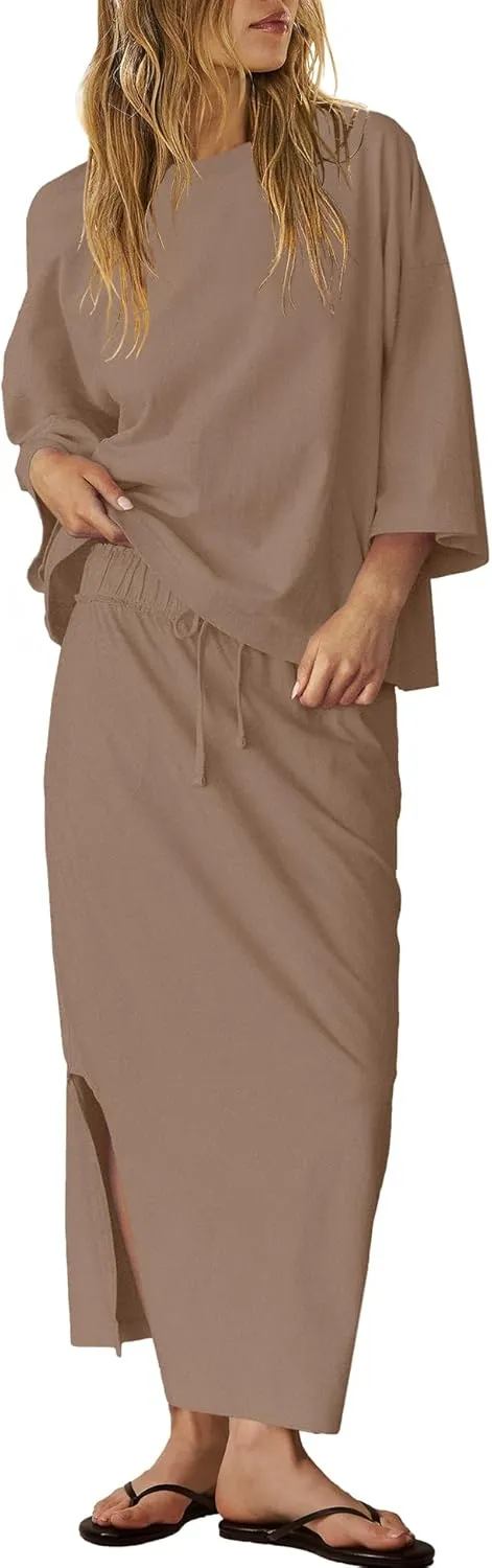 LAMISSCHE Skirt Sets Women 2 Piece Outfits Casual Lounge Set Back Vented Tops and Maxi Dress with Pockets