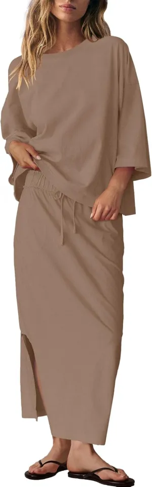 LAMISSCHE Skirt Sets Women 2 Piece Outfits Casual Lounge Set Back Vented Tops and Maxi Dress with Pockets