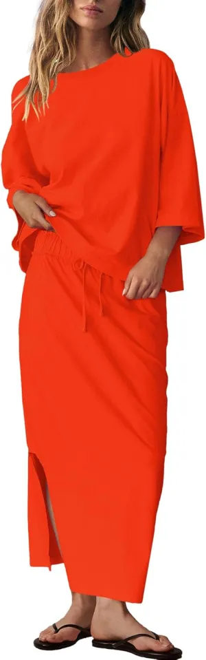 LAMISSCHE Skirt Sets Women 2 Piece Outfits Casual Lounge Set Back Vented Tops and Maxi Dress with Pockets
