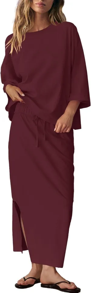 LAMISSCHE Skirt Sets Women 2 Piece Outfits Casual Lounge Set Back Vented Tops and Maxi Dress with Pockets