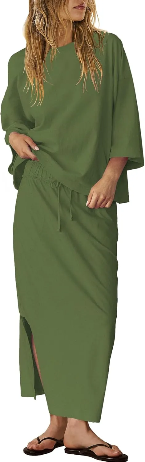 LAMISSCHE Skirt Sets Women 2 Piece Outfits Casual Lounge Set Back Vented Tops and Maxi Dress with Pockets