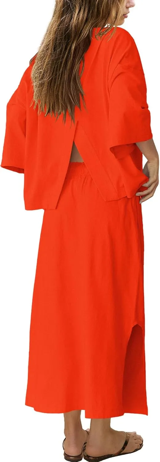 LAMISSCHE Skirt Sets Women 2 Piece Outfits Casual Lounge Set Back Vented Tops and Maxi Dress with Pockets