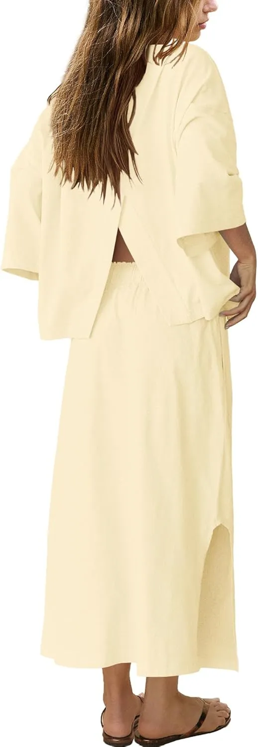 LAMISSCHE Skirt Sets Women 2 Piece Outfits Casual Lounge Set Back Vented Tops and Maxi Dress with Pockets