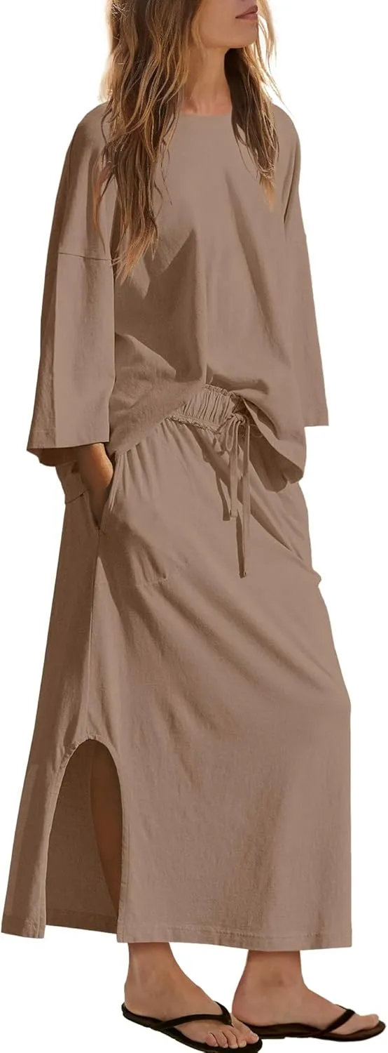 LAMISSCHE Skirt Sets Women 2 Piece Outfits Casual Lounge Set Back Vented Tops and Maxi Dress with Pockets