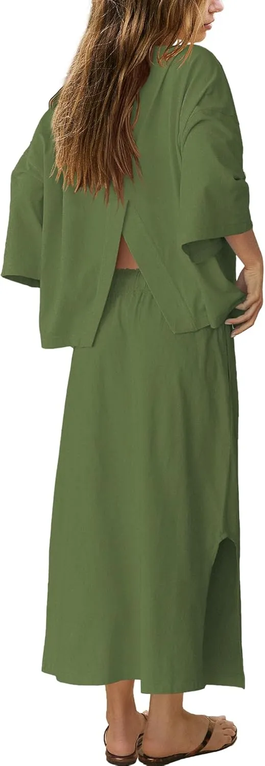 LAMISSCHE Skirt Sets Women 2 Piece Outfits Casual Lounge Set Back Vented Tops and Maxi Dress with Pockets