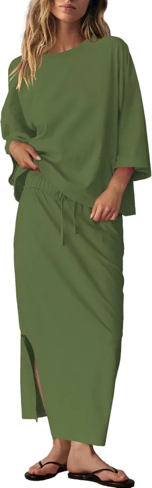 LAMISSCHE Skirt Sets Women 2 Piece Outfits Casual Lounge Set Back Vented Tops and Maxi Dress with Pockets