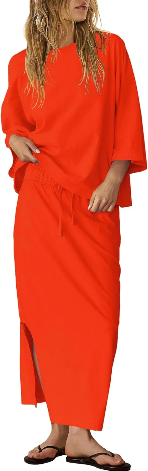 LAMISSCHE Skirt Sets Women 2 Piece Outfits Casual Lounge Set Back Vented Tops and Maxi Dress with Pockets