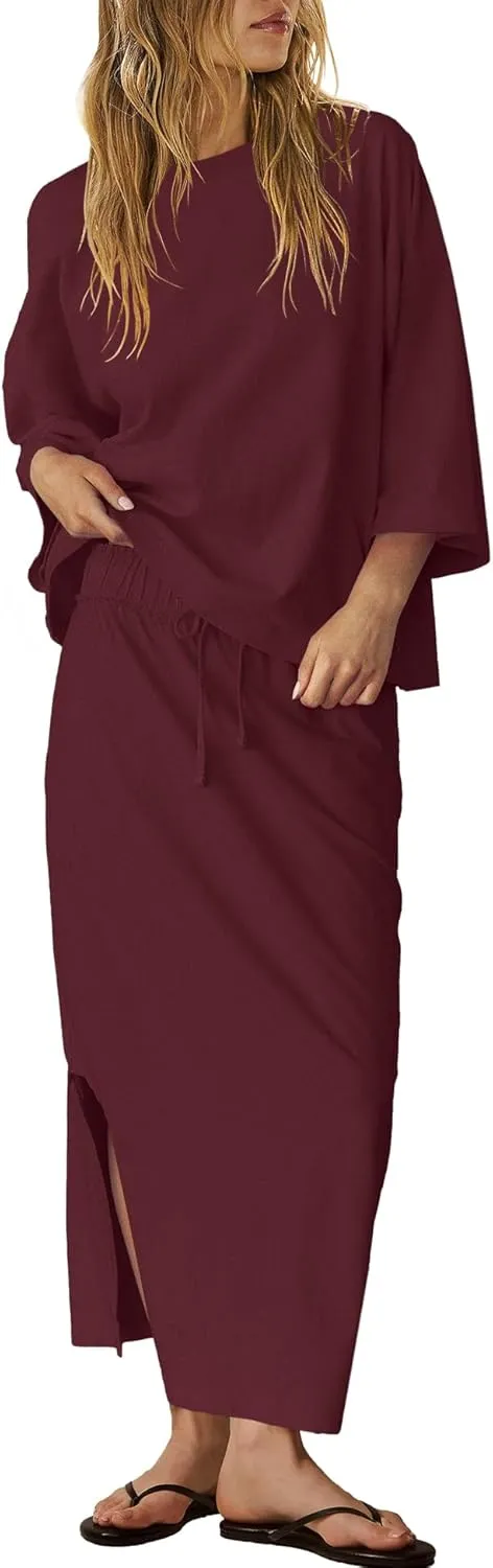LAMISSCHE Skirt Sets Women 2 Piece Outfits Casual Lounge Set Back Vented Tops and Maxi Dress with Pockets