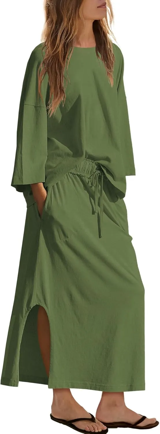 LAMISSCHE Skirt Sets Women 2 Piece Outfits Casual Lounge Set Back Vented Tops and Maxi Dress with Pockets