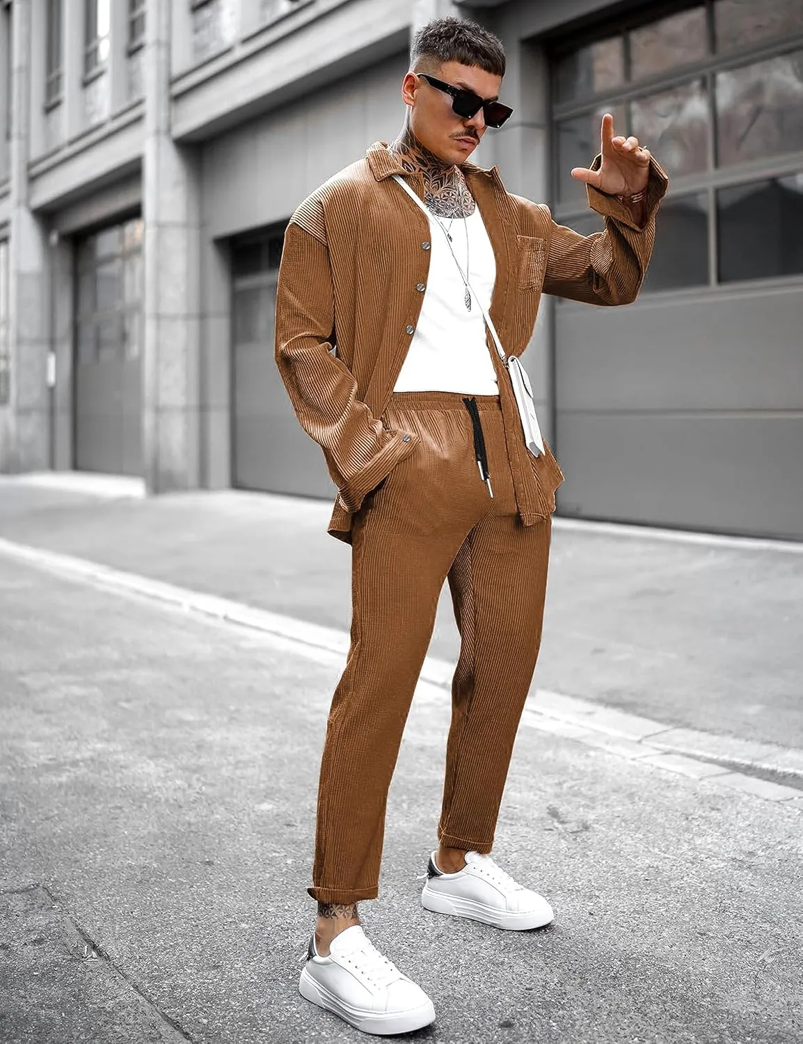 LecGee Men's 2 Piece Corduroy Shacket and Pants Outfits Long Sleeve Causal Autumn Winter Jacket Tracksuit Overshirt Set