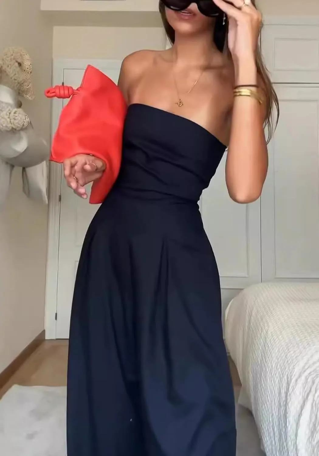 LETSVDO Women's Strapless Tube Top Jumpsuit Dressy Wide Leg Sleeveless Off Shoulder Loose Party Pant Rompers
