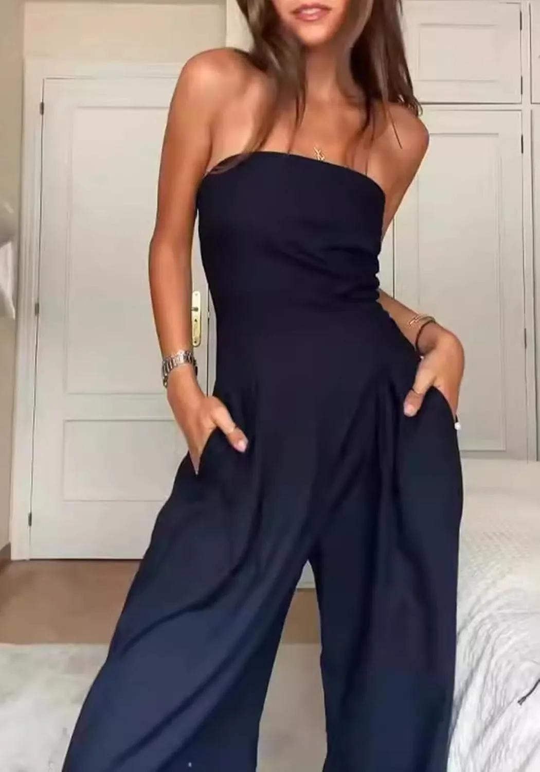 LETSVDO Women's Strapless Tube Top Jumpsuit Dressy Wide Leg Sleeveless Off Shoulder Loose Party Pant Rompers