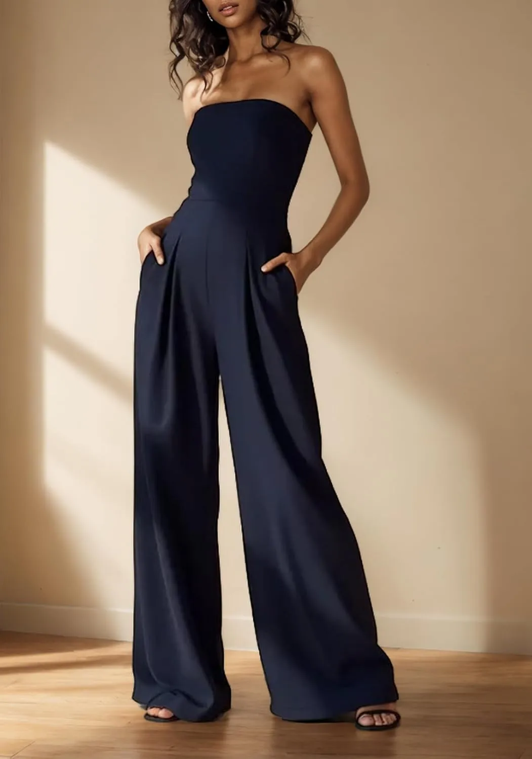 LETSVDO Women's Strapless Tube Top Jumpsuit Dressy Wide Leg Sleeveless Off Shoulder Loose Party Pant Rompers