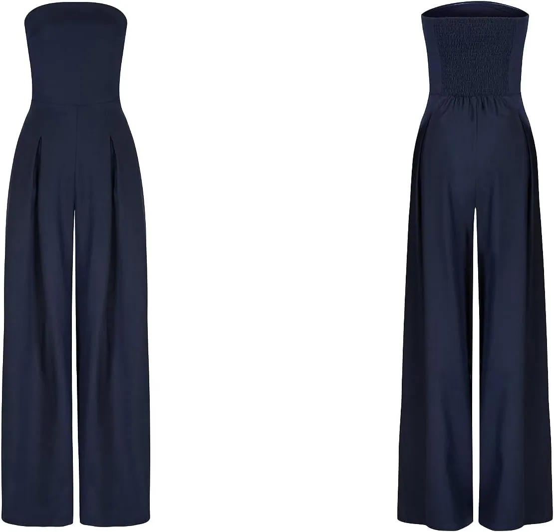 LETSVDO Women's Strapless Tube Top Jumpsuit Dressy Wide Leg Sleeveless Off Shoulder Loose Party Pant Rompers