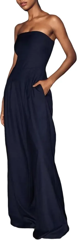 LETSVDO Women's Strapless Tube Top Jumpsuit Dressy Wide Leg Sleeveless Off Shoulder Loose Party Pant Rompers
