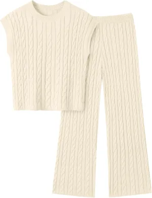 LILLUSORY Womens 2 Piece Cable Knit Lounge Sets Casual Cap Sleeve Knit Top Pants Vacation Outfits