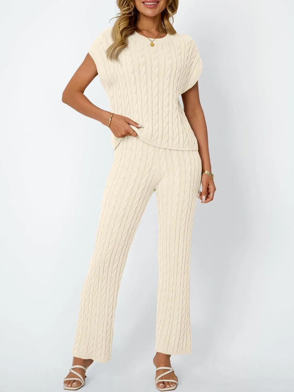 LILLUSORY Womens 2 Piece Cable Knit Lounge Sets Casual Cap Sleeve Knit Top Pants Vacation Outfits