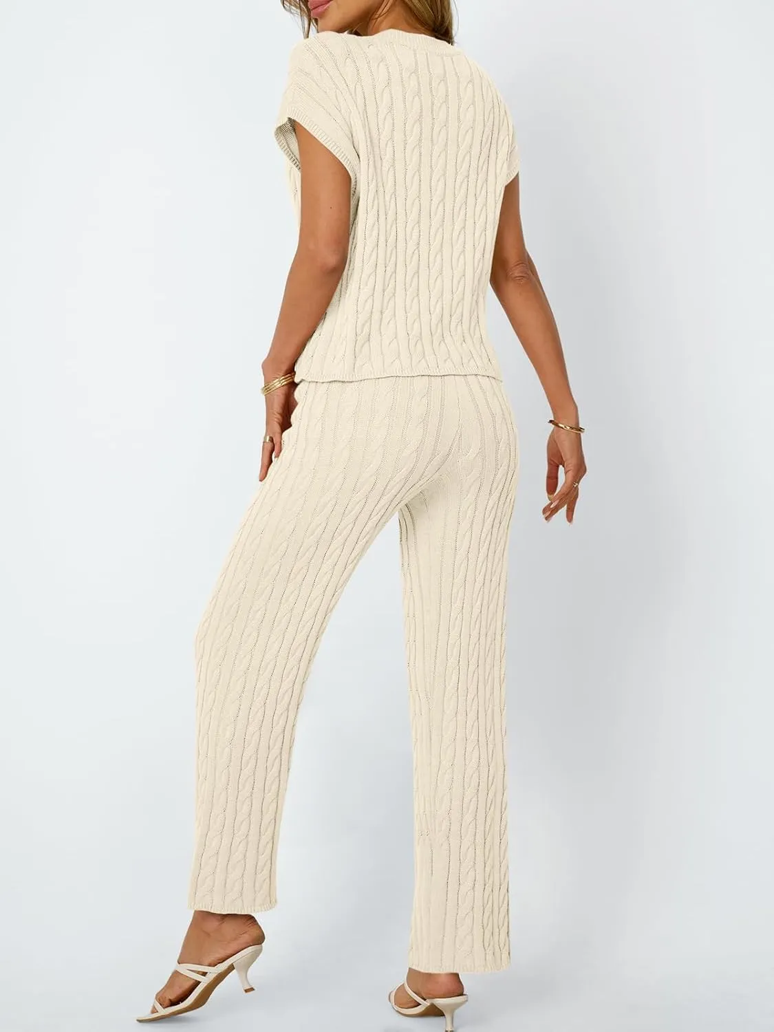 LILLUSORY Womens 2 Piece Cable Knit Lounge Sets Casual Cap Sleeve Knit Top Pants Vacation Outfits