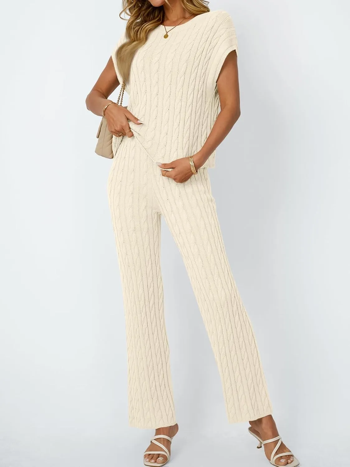 LILLUSORY Womens 2 Piece Cable Knit Lounge Sets Casual Cap Sleeve Knit Top Pants Vacation Outfits