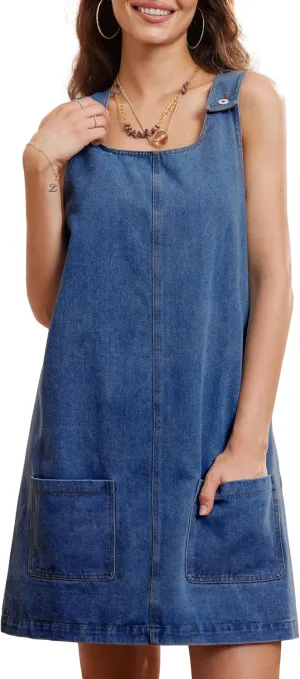 Locachy Women's Vintage Denim Overall Dress Casual Sleeveless Crewneck Mini Jean Jumper Dress with Pocket