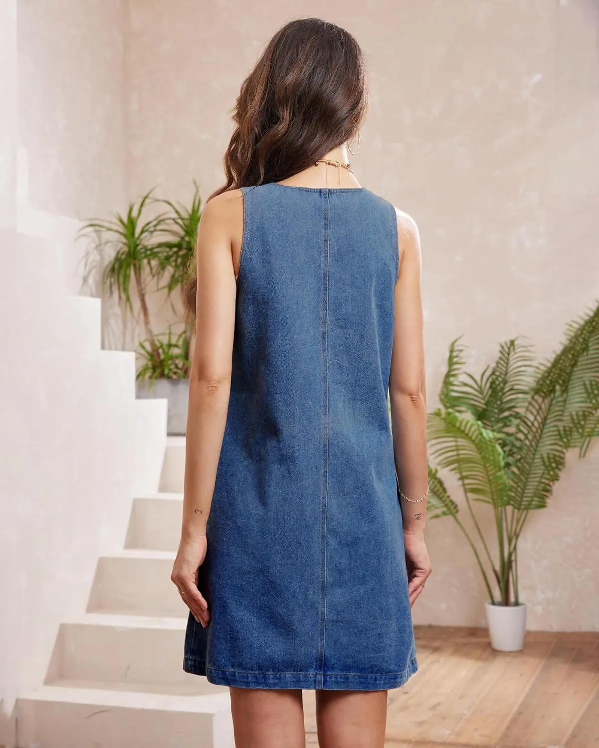 Locachy Women's Vintage Denim Overall Dress Casual Sleeveless Crewneck Mini Jean Jumper Dress with Pocket