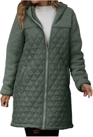 Long Fleece Jacket Women Zip Up Puffer Jacket Casual Sherpa Fuzzy Hoodie Oversized Fall Warm Winter Coat Outerwear