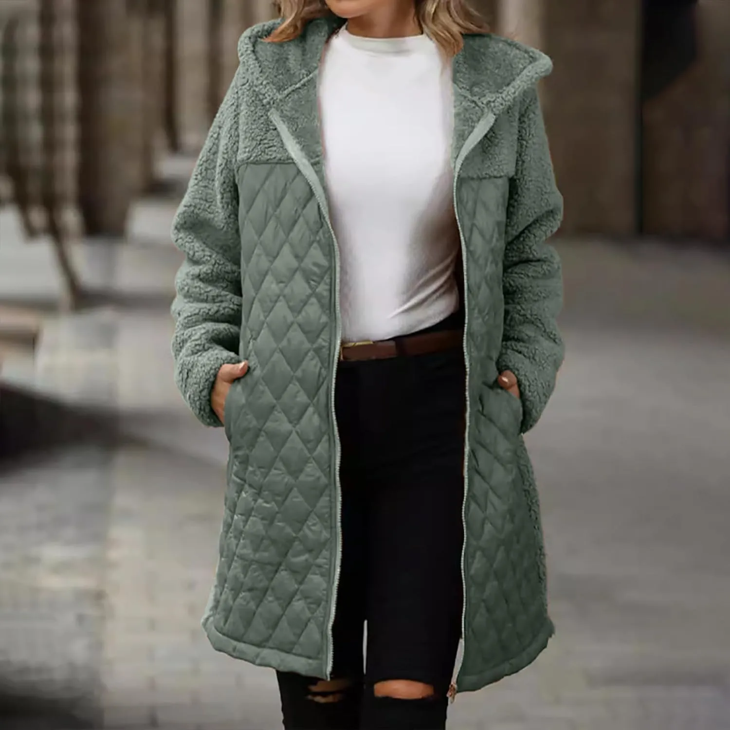Long Fleece Jacket Women Zip Up Puffer Jacket Casual Sherpa Fuzzy Hoodie Oversized Fall Warm Winter Coat Outerwear