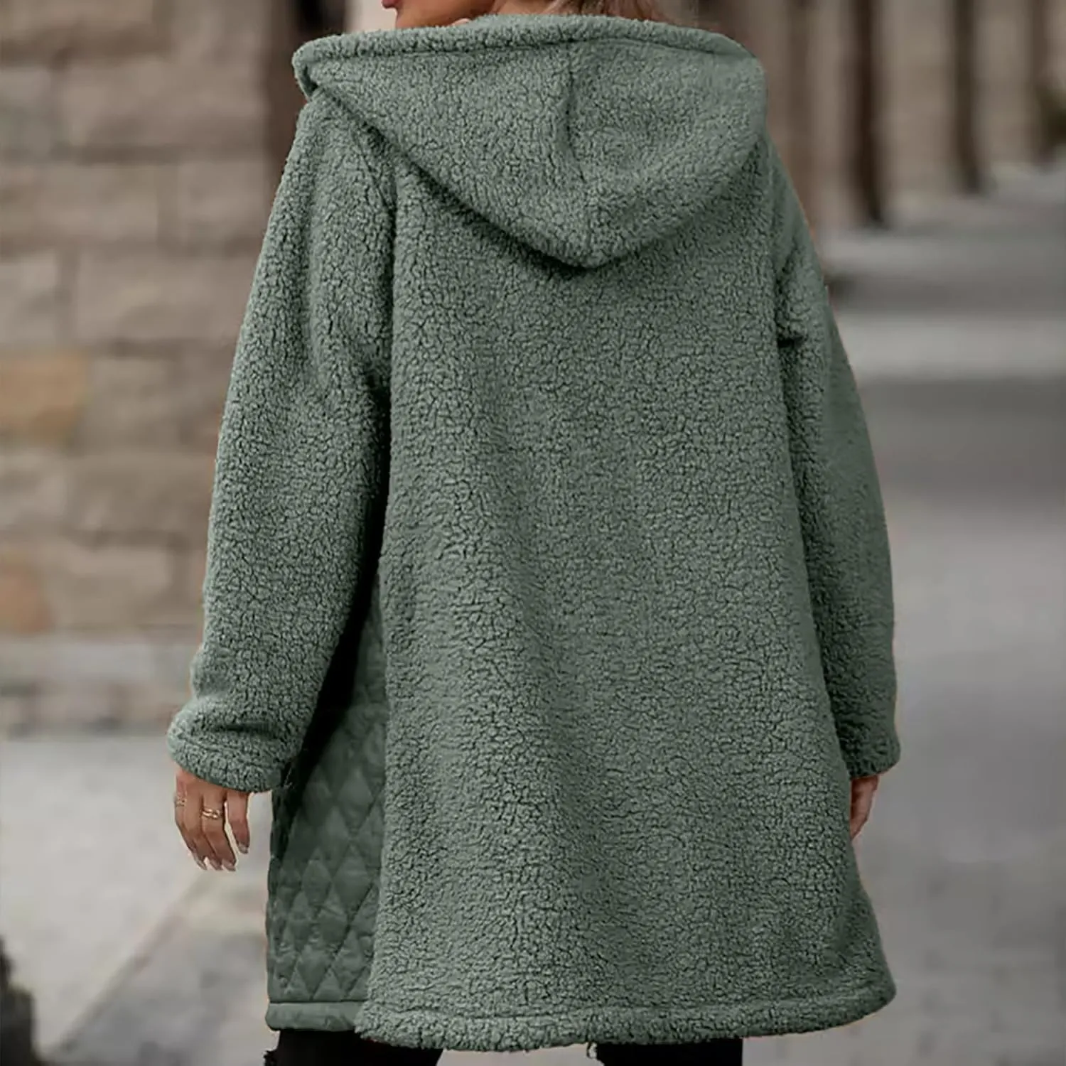 Long Fleece Jacket Women Zip Up Puffer Jacket Casual Sherpa Fuzzy Hoodie Oversized Fall Warm Winter Coat Outerwear