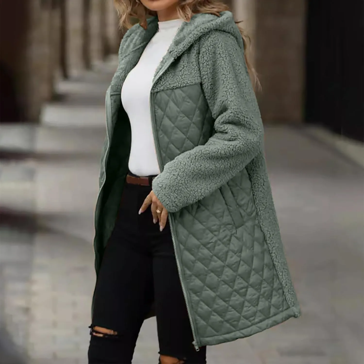 Long Fleece Jacket Women Zip Up Puffer Jacket Casual Sherpa Fuzzy Hoodie Oversized Fall Warm Winter Coat Outerwear