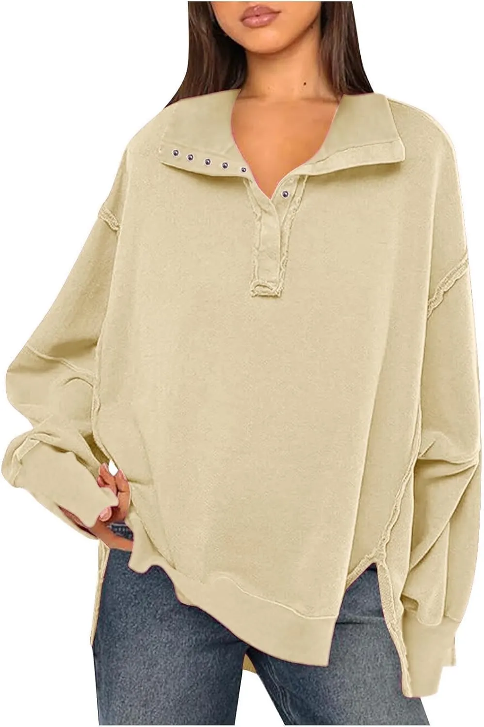 Long Sleeve for Women Dressy Casual Loose Fit Sweatshirts Solid Color V Neck Warm Lightweight Pullover Tops