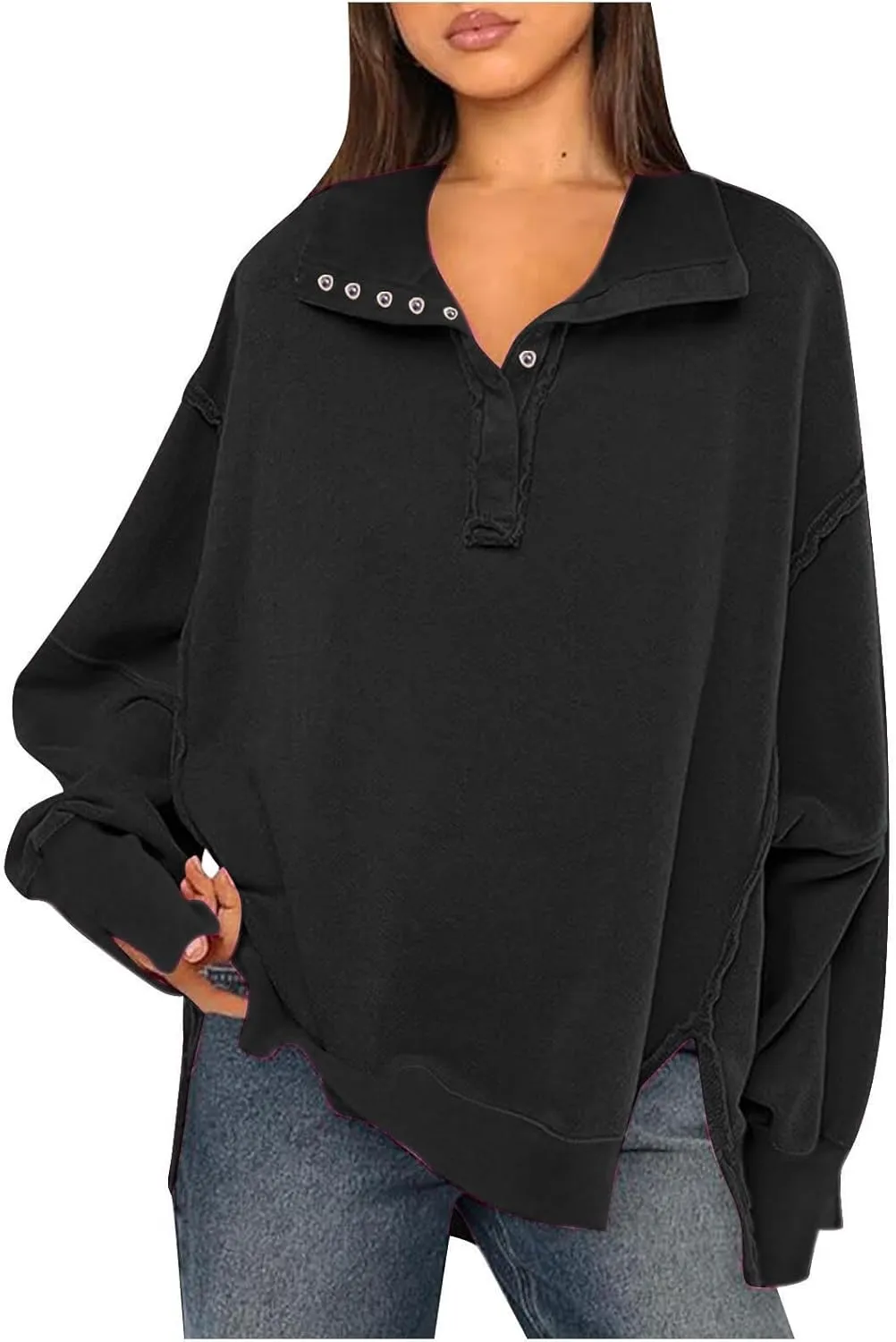 Long Sleeve for Women Dressy Casual Loose Fit Sweatshirts Solid Color V Neck Warm Lightweight Pullover Tops