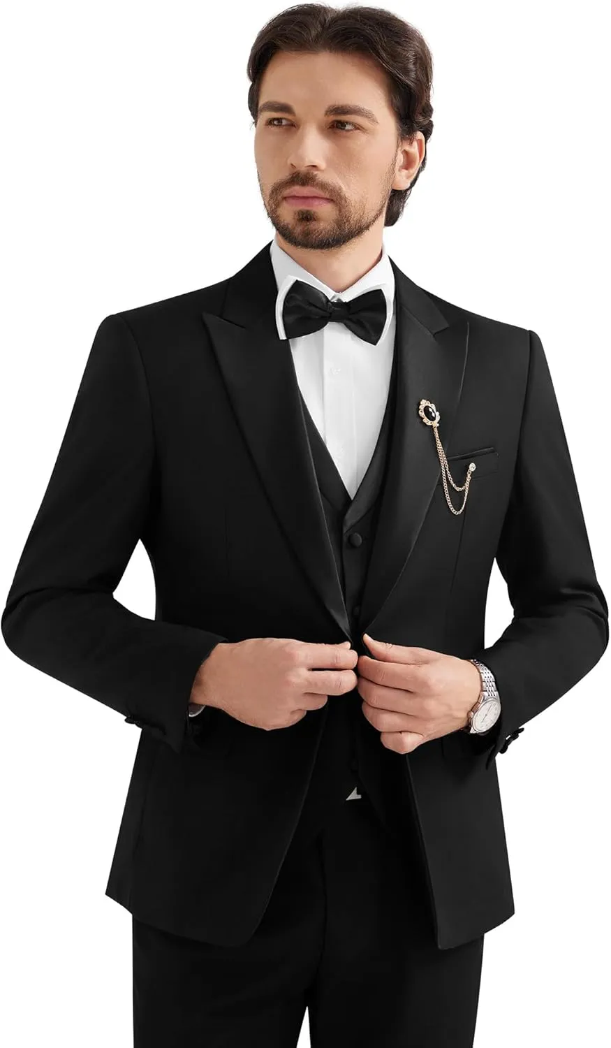 MAGE MALE Mens Suit Slim Fit 3 Piece Tuxedo Suits One Button Wedding Prom Party Dinner Blazer Vest Black Pants Set