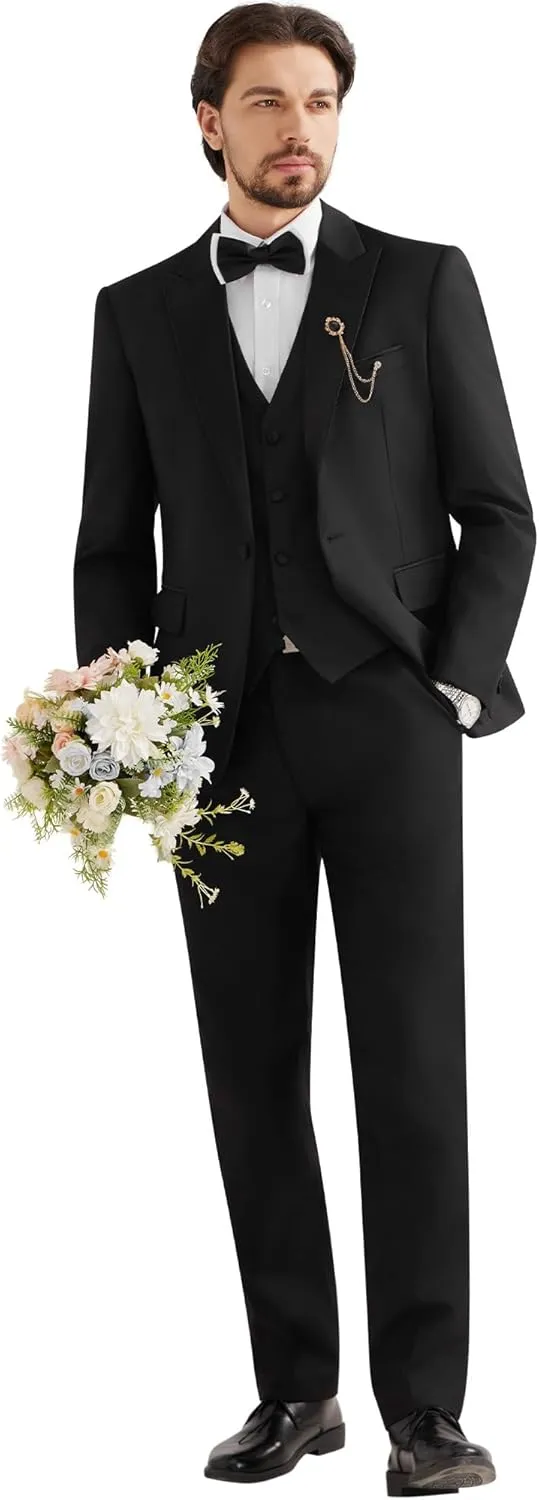MAGE MALE Mens Suit Slim Fit 3 Piece Tuxedo Suits One Button Wedding Prom Party Dinner Blazer Vest Black Pants Set