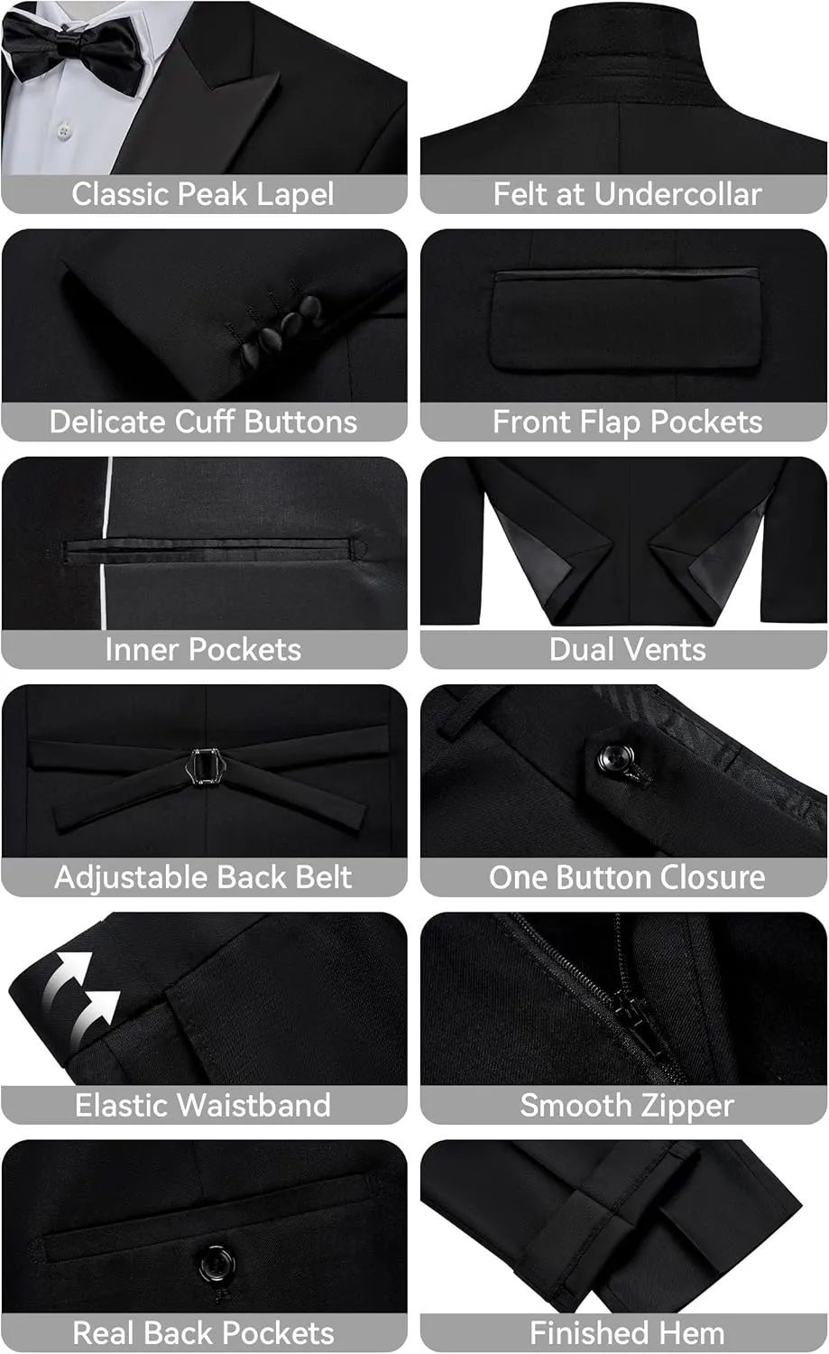 MAGE MALE Mens Suit Slim Fit 3 Piece Tuxedo Suits One Button Wedding Prom Party Dinner Blazer Vest Black Pants Set