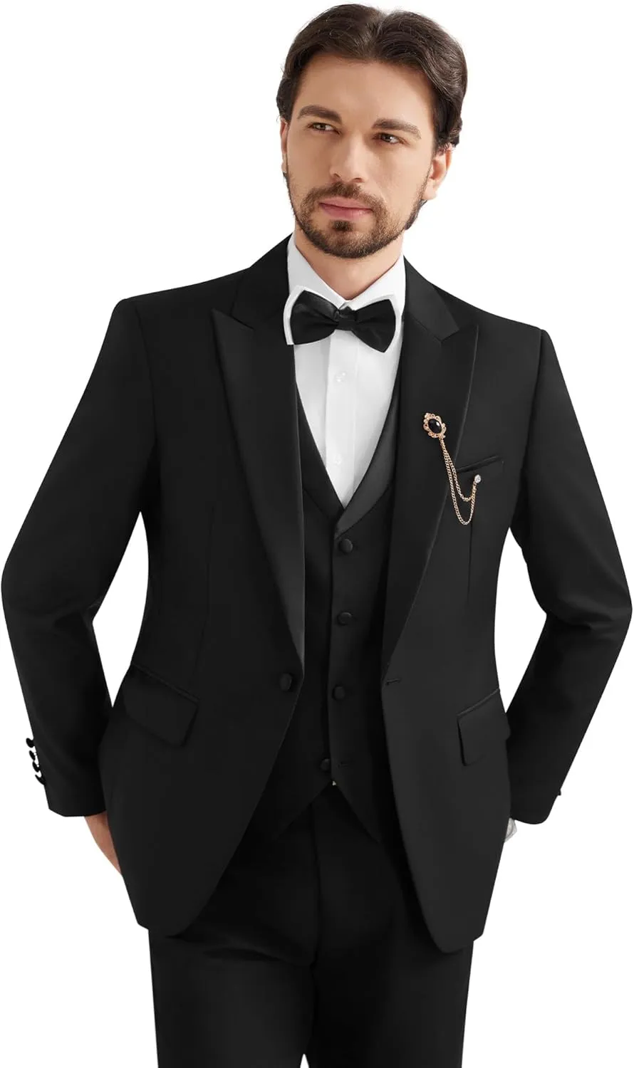 MAGE MALE Mens Suit Slim Fit 3 Piece Tuxedo Suits One Button Wedding Prom Party Dinner Blazer Vest Black Pants Set
