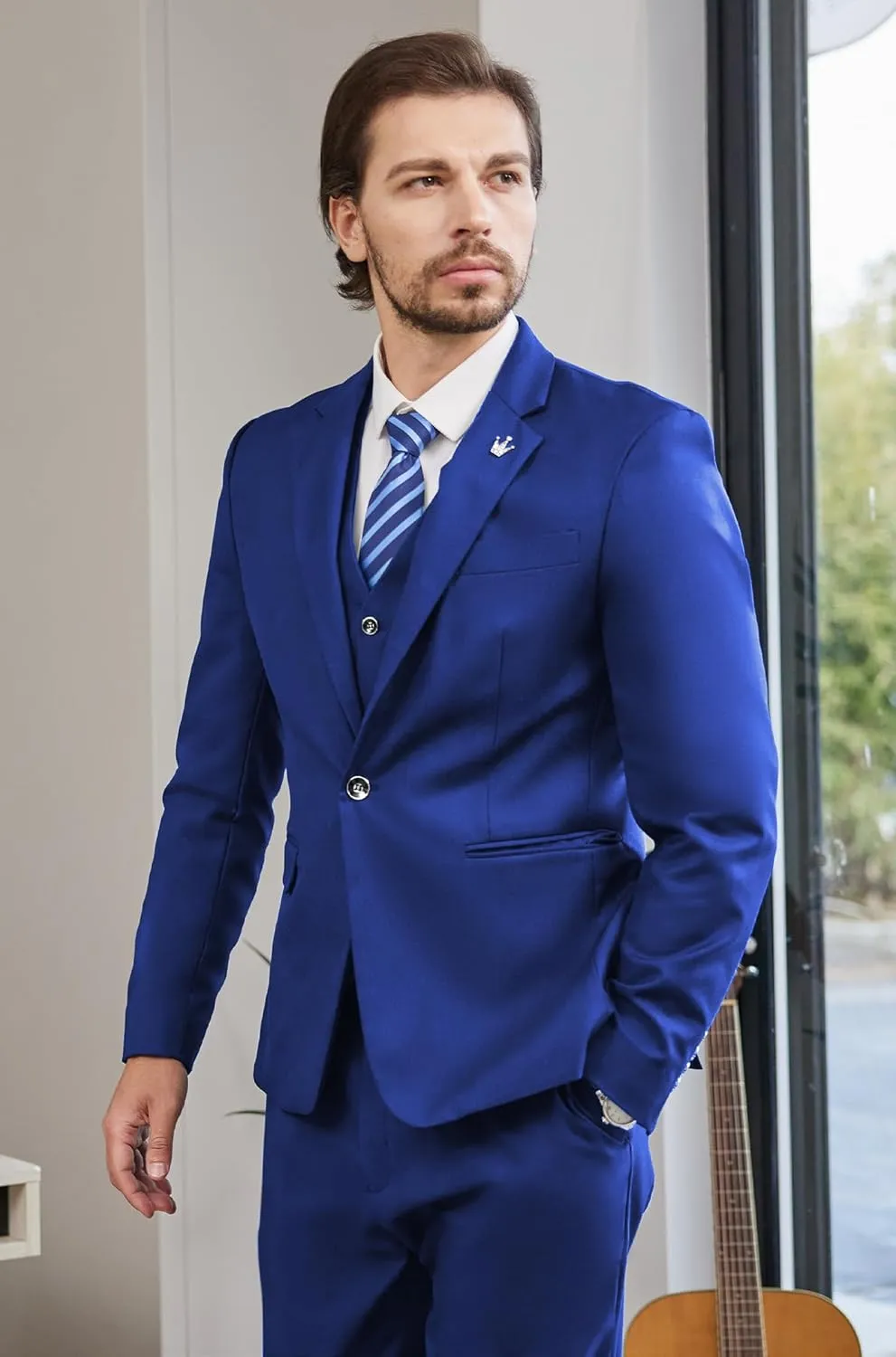 MAGE MALE Mens Suits Slim Fit 3 Piece Tuxedo Suit One Button Solid Prom Wedding Party Blazer Vest Pants Set with Tie