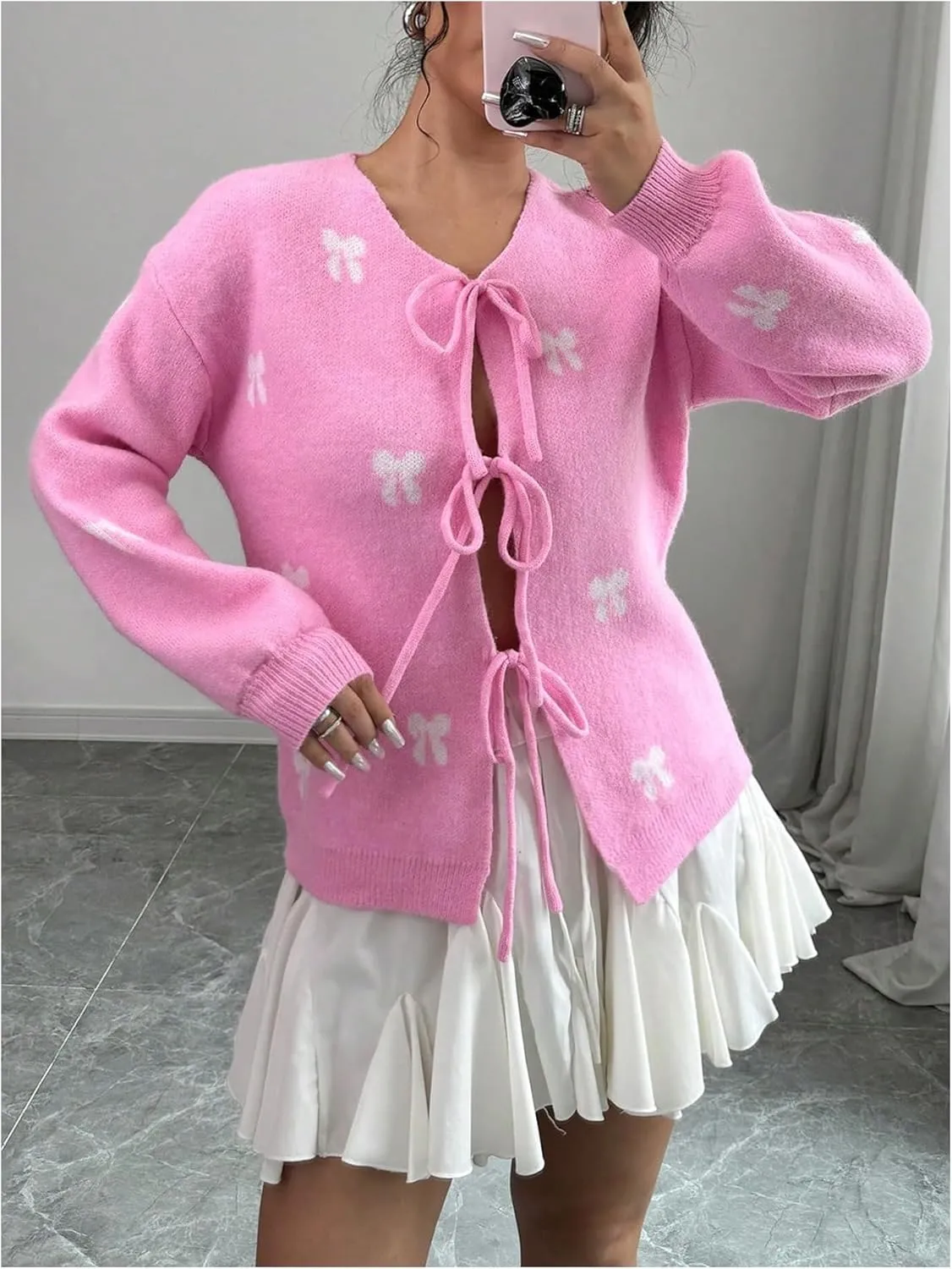 MakeMeChic Women's Bow V Neck Tie Front Cardigan Long Sleeve Drop Shoulder Sweater
