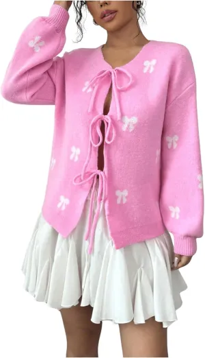 MakeMeChic Women's Bow V Neck Tie Front Cardigan Long Sleeve Drop Shoulder Sweater