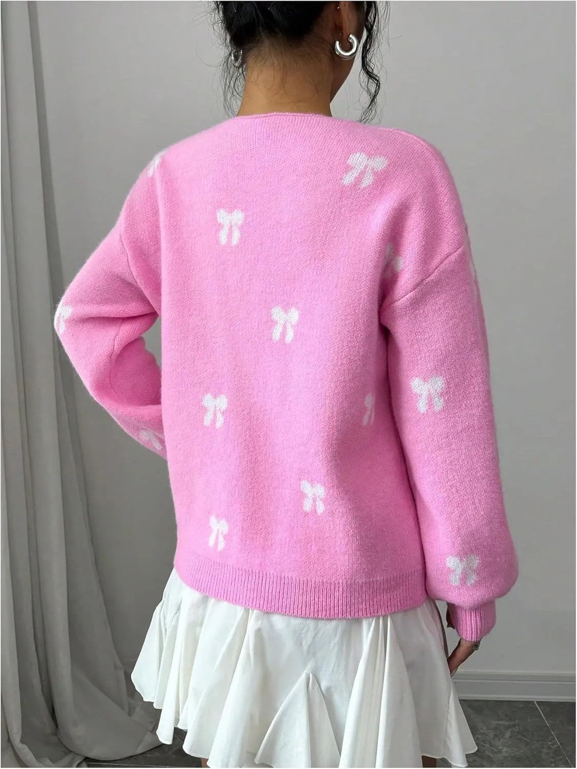 MakeMeChic Women's Bow V Neck Tie Front Cardigan Long Sleeve Drop Shoulder Sweater