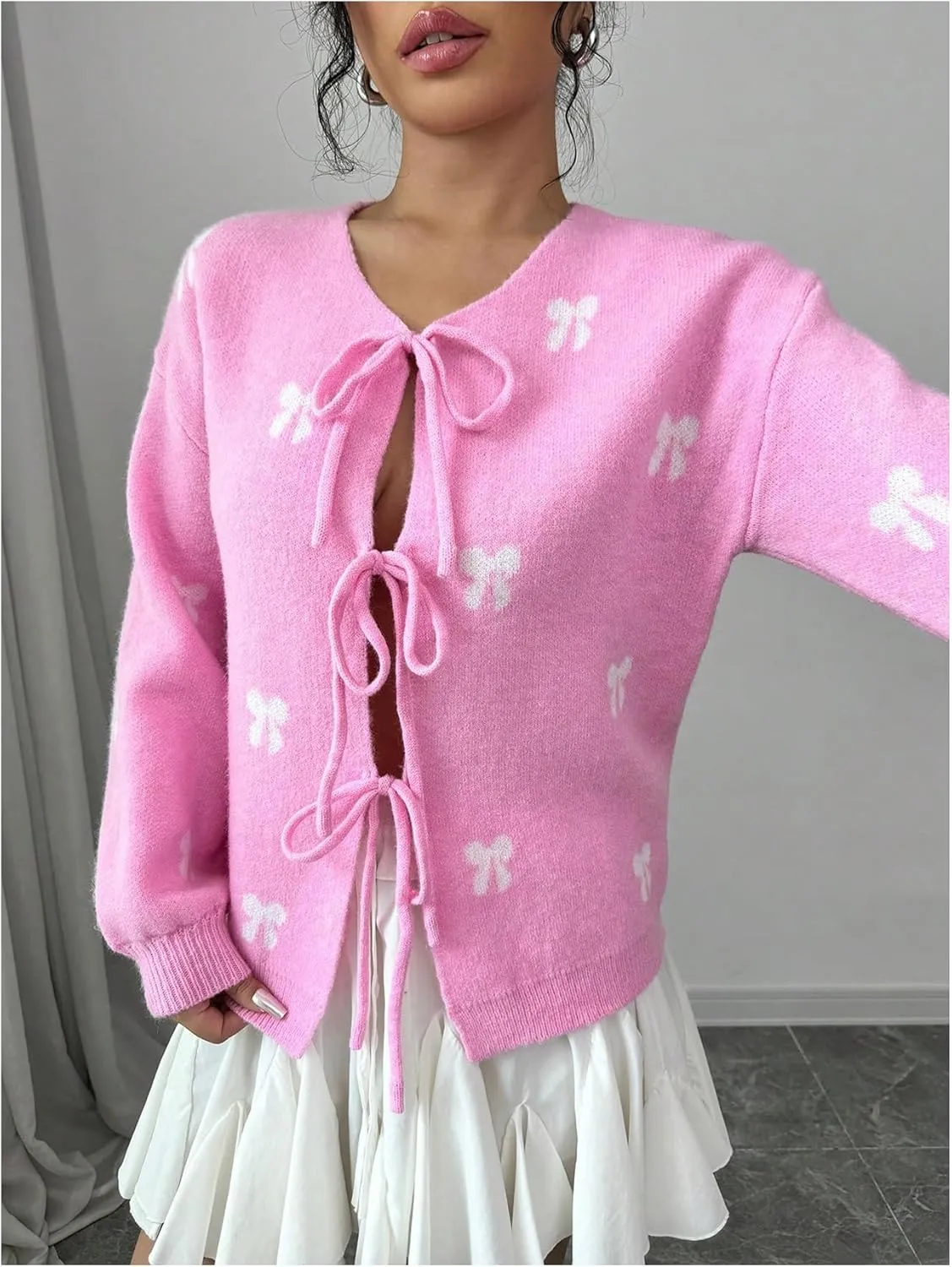MakeMeChic Women's Bow V Neck Tie Front Cardigan Long Sleeve Drop Shoulder Sweater