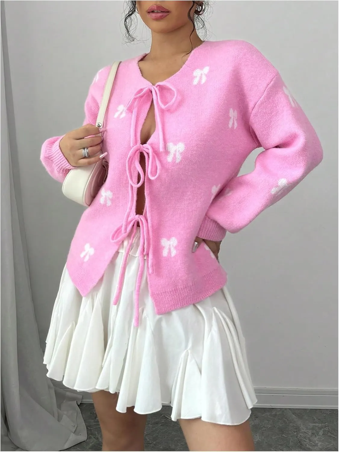MakeMeChic Women's Bow V Neck Tie Front Cardigan Long Sleeve Drop Shoulder Sweater