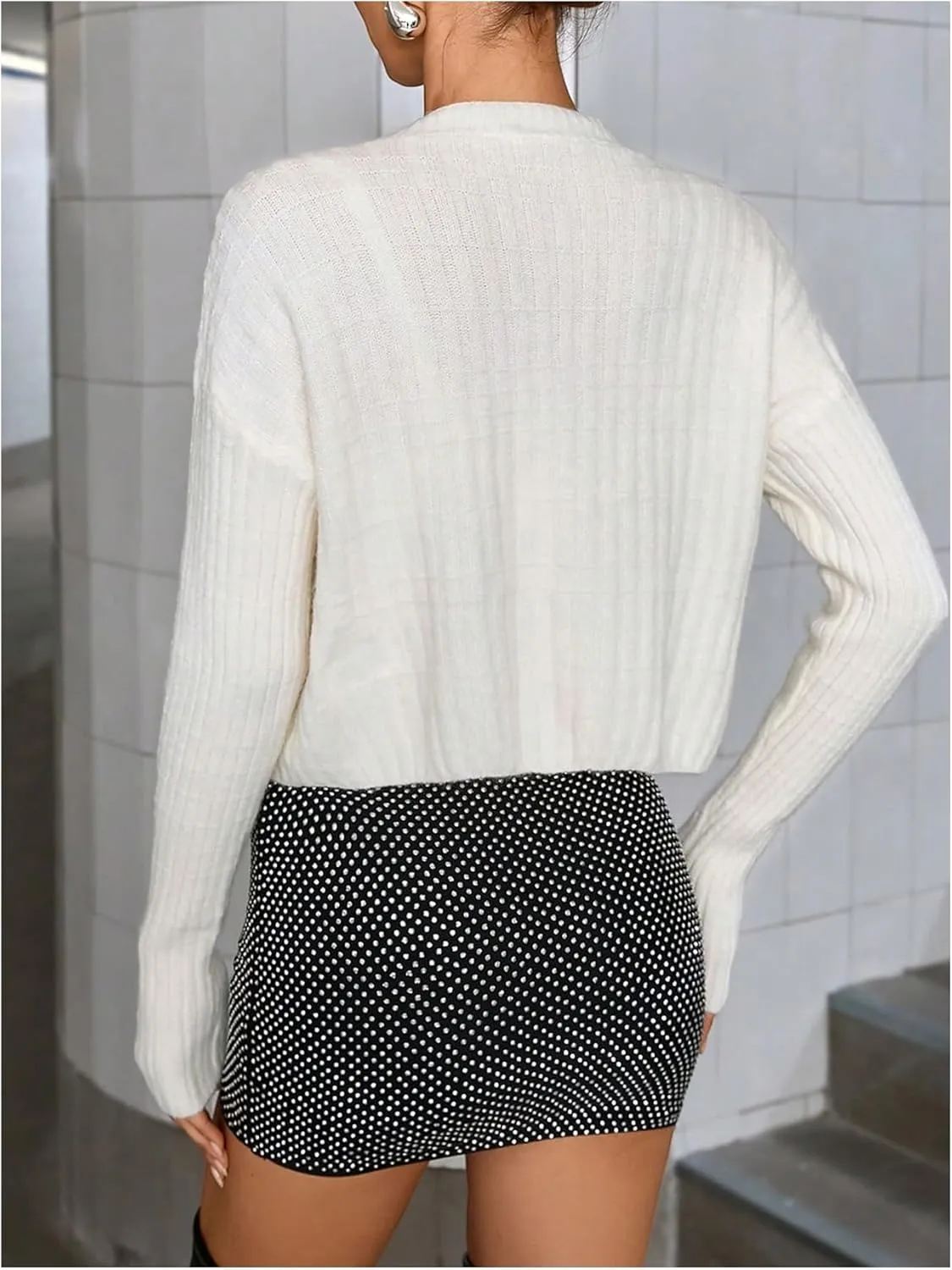 MakeMeChic Women's Pearls V Neck Button Down Sweater Long Sleeve Work Office Cardigan