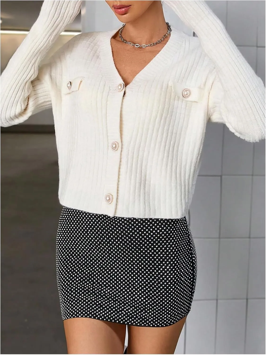 MakeMeChic Women's Pearls V Neck Button Down Sweater Long Sleeve Work Office Cardigan