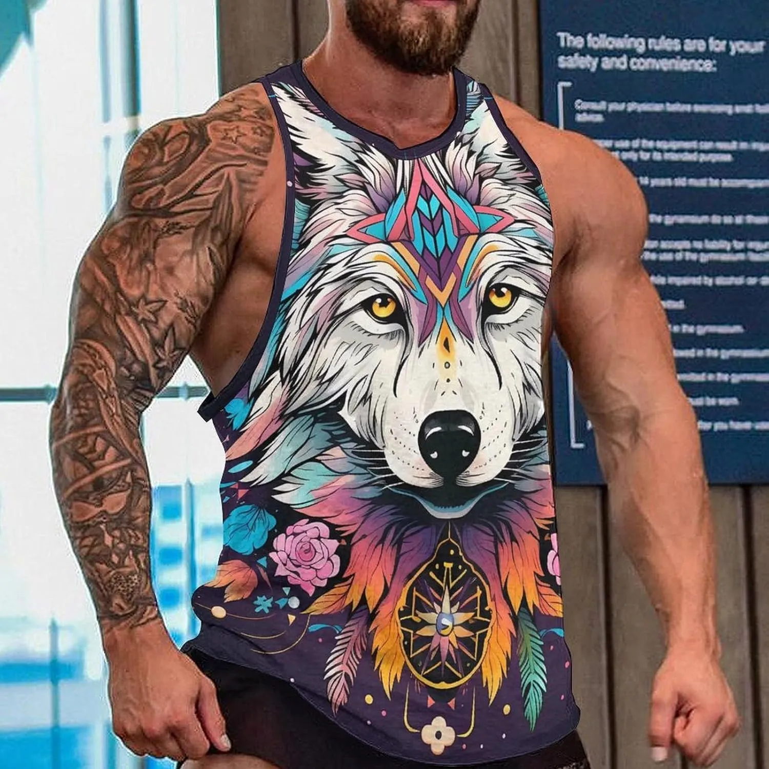 MARSVOVO Camo Tank Top for Men 2024 Trendy Wolf Print Sleeveless Crewneck Vintage Summer Religion Totem Graphic Gym Vest