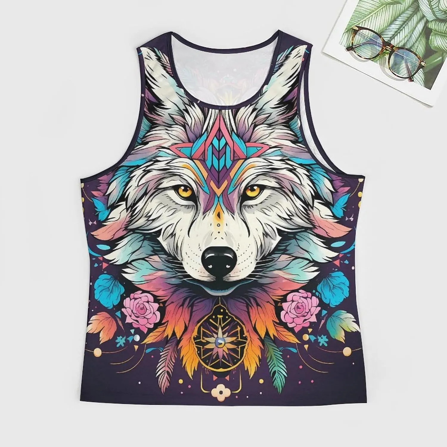 MARSVOVO Camo Tank Top for Men 2024 Trendy Wolf Print Sleeveless Crewneck Vintage Summer Religion Totem Graphic Gym Vest