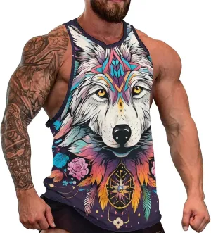 MARSVOVO Camo Tank Top for Men 2024 Trendy Wolf Print Sleeveless Crewneck Vintage Summer Religion Totem Graphic Gym Vest