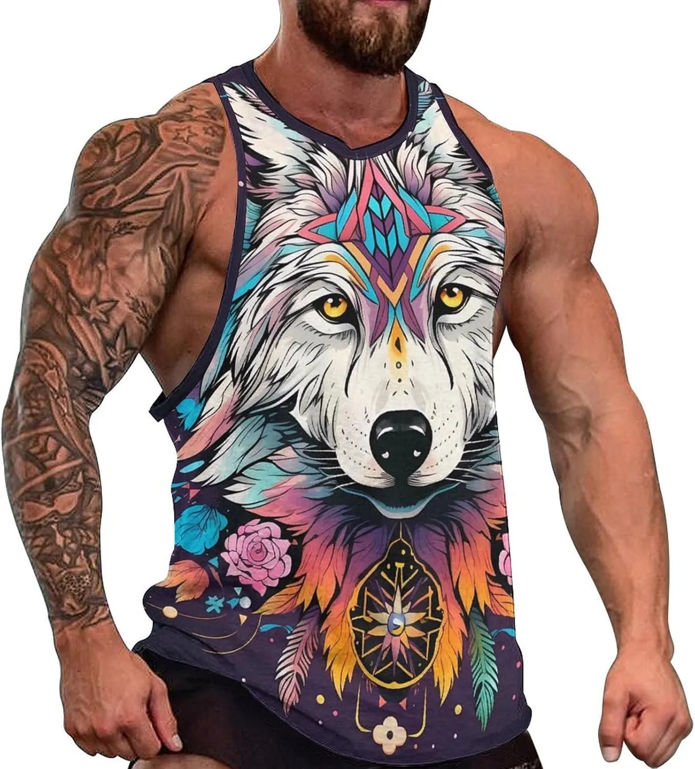 MARSVOVO Camo Tank Top for Men 2024 Trendy Wolf Print Sleeveless Crewneck Vintage Summer Religion Totem Graphic Gym Vest