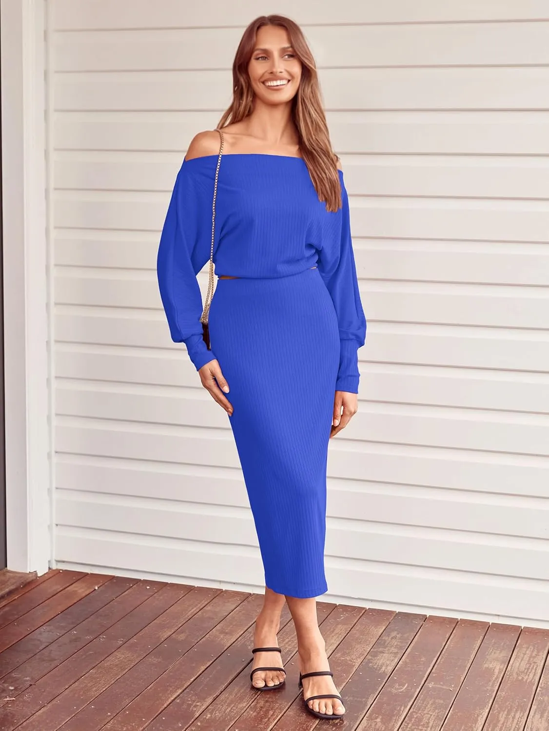 MASCOMODA 2024 Long Sleeve Midi Skirt Sets Women 2 Piece Outfits Off Shoulder Top Bodycon Ribbed Knit Two Piece Dress Set